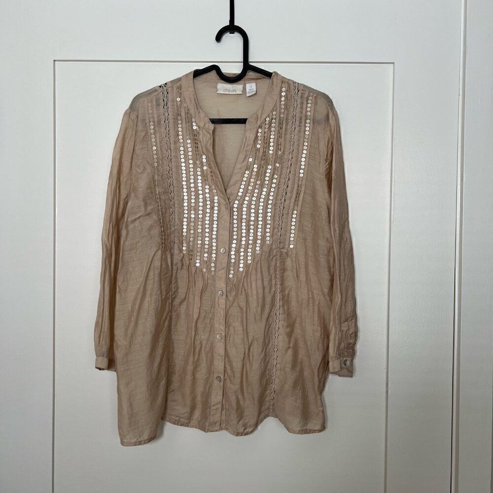 Chico’s Womens Shirt Blouse Size 1 Eyelet Sequin V Neck Long Sleeve Boho Tan